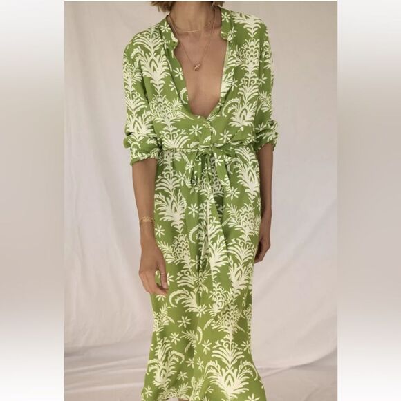 Zara Printed A-Line Midi Dress in Green and White XS NWOT - Picture 6 of 16